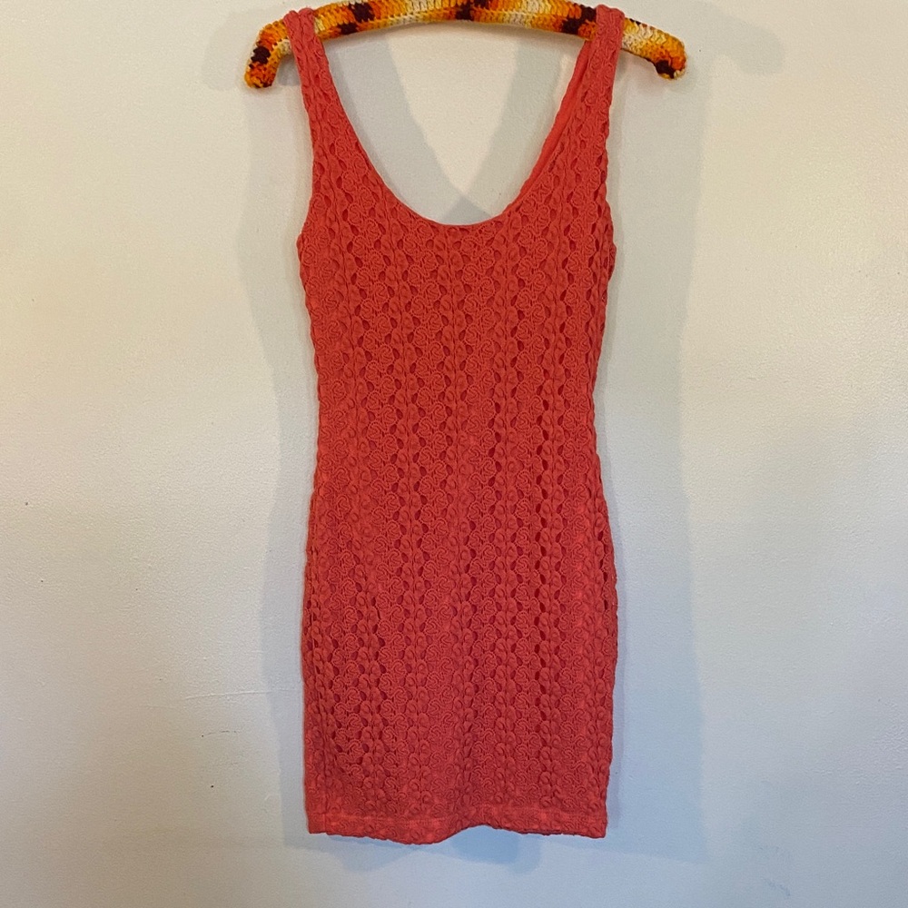 Crochet Knit Tank Mini Dress - Coral
